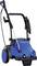 A blue pressure washer with black and blue handles. It has two wheels for mobility and is suitable for outdoor cleaning.