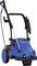 A blue pressure washer with wheels, handle, hose, and spray lance. Designed for surface cleaning.