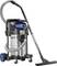 Industrial vacuum cleaner with a silver body, black hose, and blue control elements, 'Nilfisk' brand. Suitable for professional cleaning.