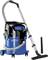 'Wet and dry vacuum cleaner with blue body and black lid, long silver suction pole and flexible hose, mounted on wheels.'