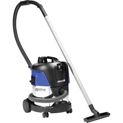 A blue and black vacuum cleaner with suction hose and wheels, suitable for household or commercial cleaning purposes.