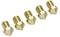 Five uniform brass nozzles, each engraved with '0.4', diagonally arranged on a white background.