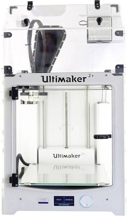 A 3D printer 'Ultimaker 2+', renowned for precision printing, with an open casing, reveals the internal printing platform and print head.