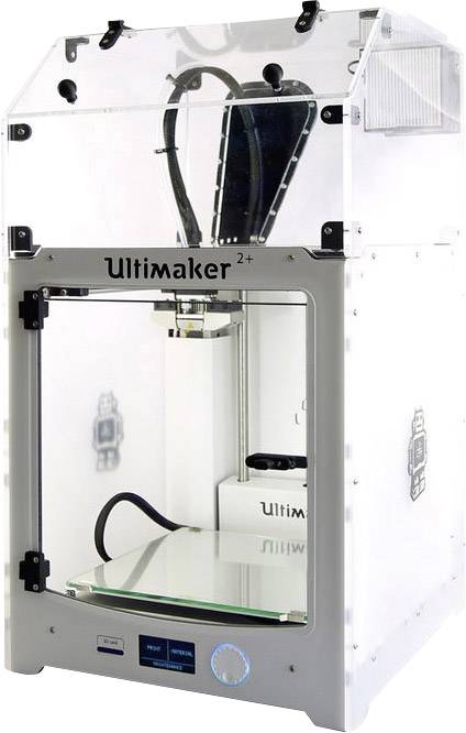 An Ultimaker 2+ 3D printer is located in a room. It has a transparent enclosure and is used for printing models.