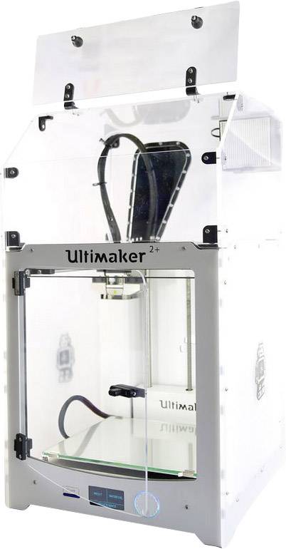 An Ultimaker 2+ 3D printer, surrounded by a transparent enclosure. It is positioned on a table and ready for use.