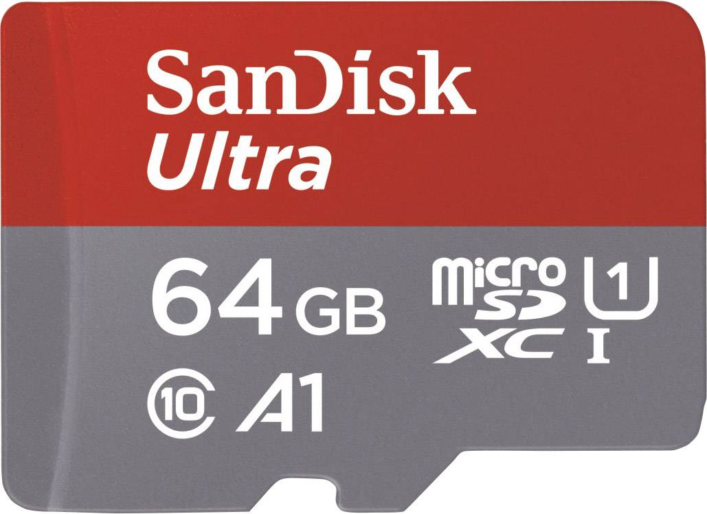 SanDisk Ultra microSDXC Memory Card, 64 GB, A1 Performance, UHS-I, Speed Class 10. Red and grey card.