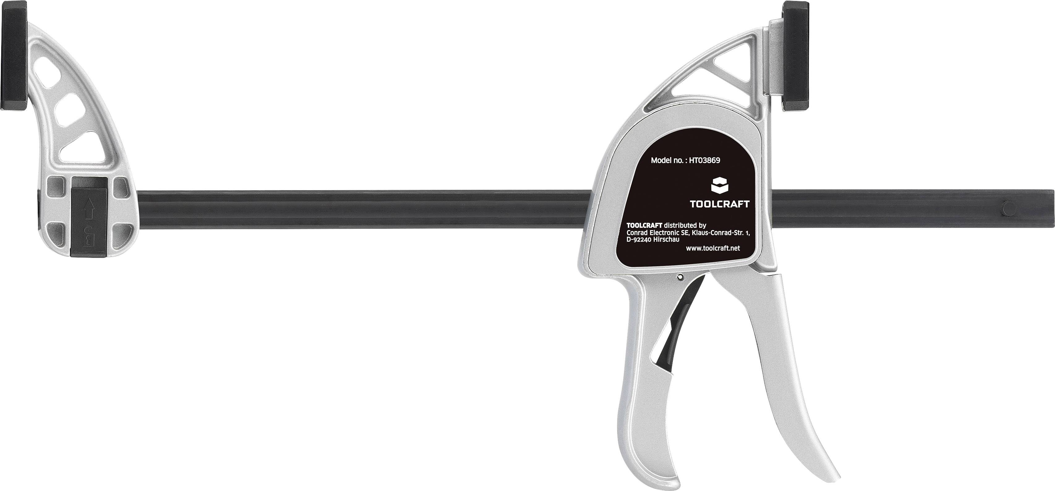 A grey one-handed clamp with a black handle, suitable for securing workpieces, with a metal construction for stable grip.