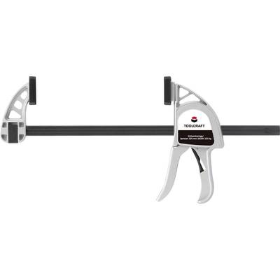 A silver one-handed clamp by TOOLCRAFT with a black handle and rail, suitable for clamping spans of 530 mm.