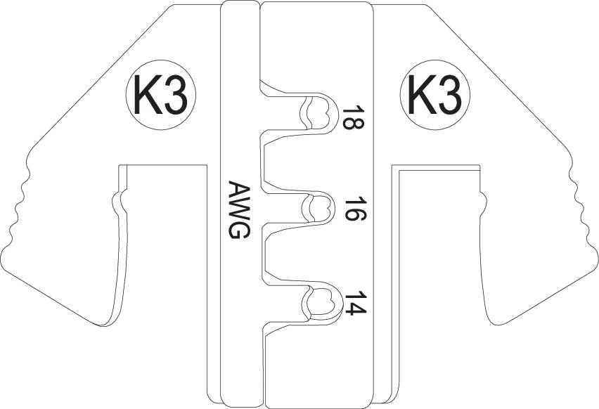 Metal stencil with inscriptions 'K3' and AWG sizes 18 to 14, side edges resembling human facial profiles.
