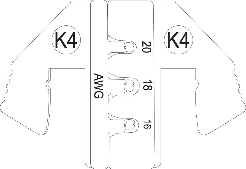 A crimping pliers for cable lugs with the markings 'K4' and 'AWG' and size specifications 16, 18, 20.