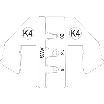 A crimping pliers for cable lugs with the markings 'K4' and 'AWG' and size specifications 16, 18, 20.