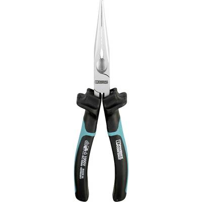 Pointed pliers with black and blue handles.