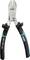 Pliers with black and turquoise handles, silver cutting surfaces, brand name printed on the handle.