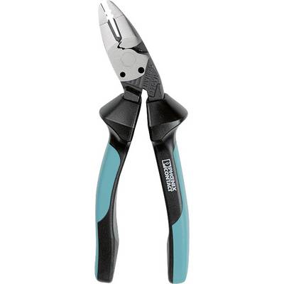 Pliers with blue-black handles. Suitable for gripping, cutting, and bending wire and cables.