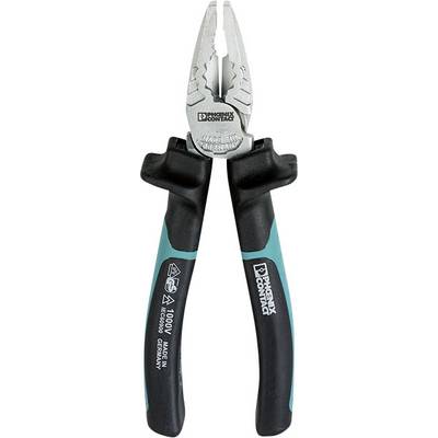 A combination pliers with black and turquoise handle, suitable for work up to 1000V.