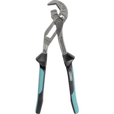 An adjustable water pump pliers with a black and turquoise handle, perfect for gripping and holding pipes or nuts.