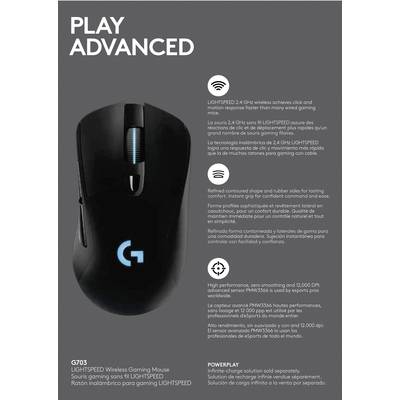 'PLAY ADVANCED'. Black gaming mouse with blue light. Key features: LIGHTSPEED, ergonomic design, 12,000 DPI resolution, wireless charging.