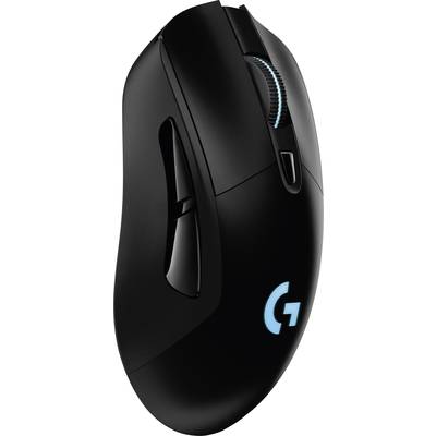 Black, ergonomic gaming mouse with blue, illuminated 'G' logo, scroll wheel and side buttons, suitable for right- and left-handed users.