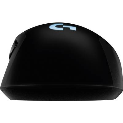 Black gaming mouse with a blue, illuminated logo on the top surface. An ergonomic design is evident.
