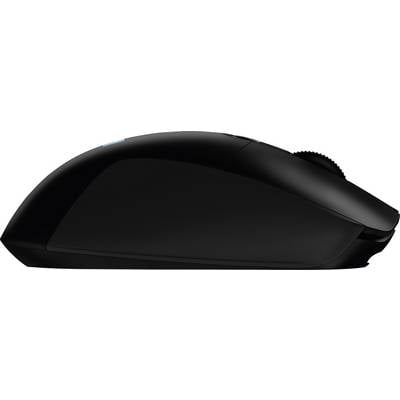 A black, wireless computer mouse viewed from the side, with an ergonomic design and scroll wheel on top.