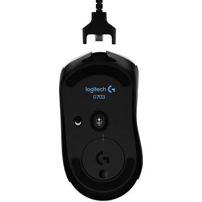 Black gaming mouse viewed from underneath, with 'Logitech G703' brand and model visible, detachable charging cable at the top.