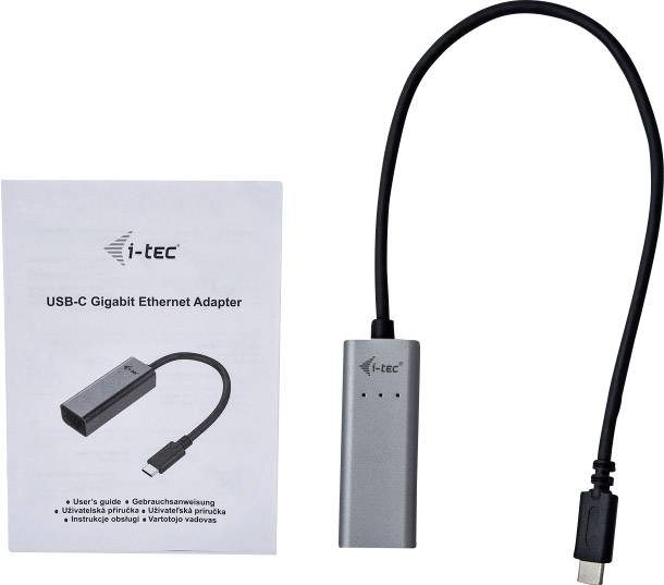 'USB-C Gigabit Ethernet Adapter' packaging with grey adapter and USB-C plug, suitable for wired network connections.
