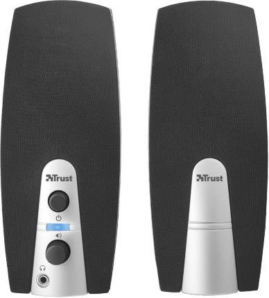 Two black speakers from the Trust brand with control elements on one of the speakers.