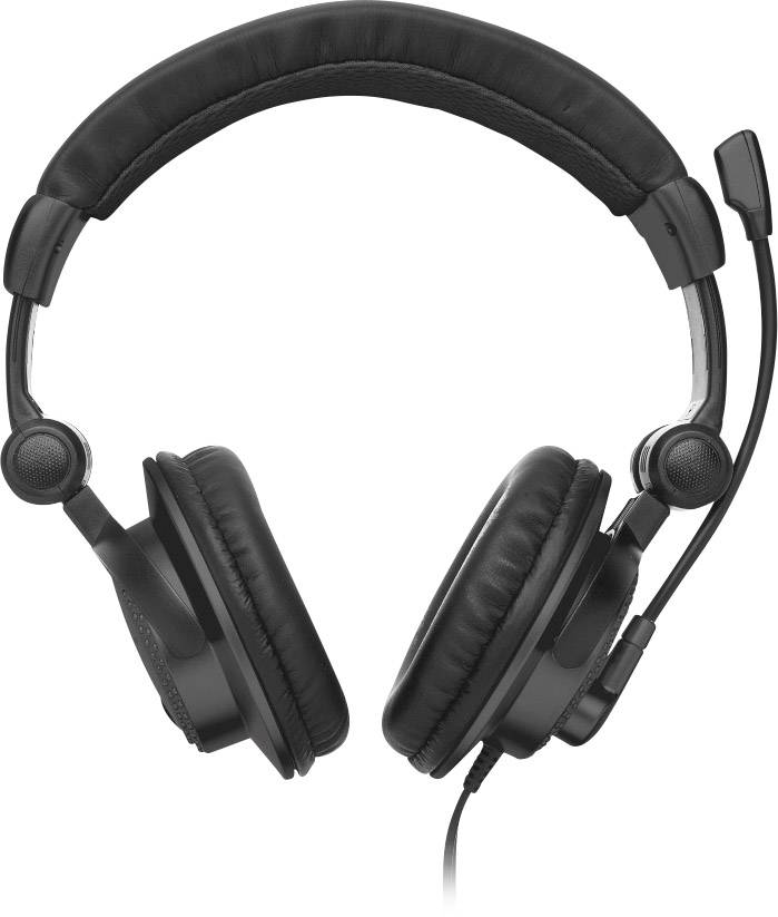 Black over-ear headphones with microphone, suitable for gaming or telephone conferences, pictured against a neutral background.