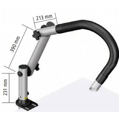 Ventilation arm with hoses and joints, dimensions: 390 mm, 231 mm, 213 mm. Mounted on a table, flexible pipe end for extraction.