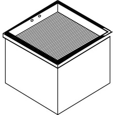 Black and white drawing of a square washbasin with grooves in the base and two holes at the back wall.