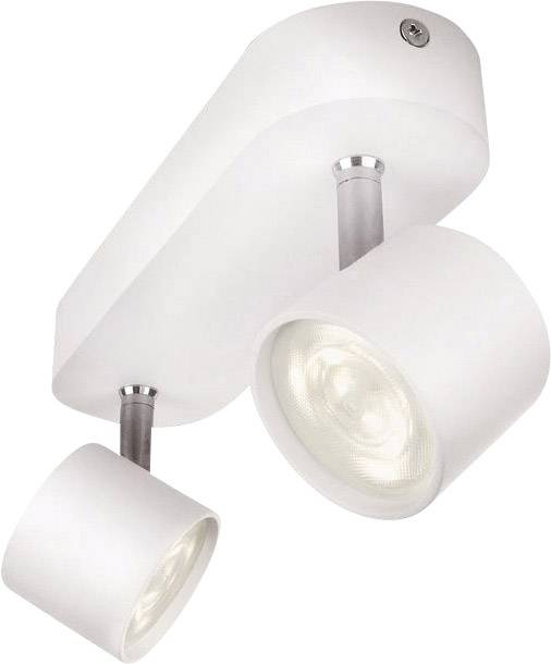White ceiling light with two round, adjustable spotlights on a rectangular mounting bracket. Suitable for directional lighting.