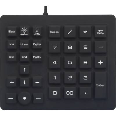Black external numeric keypad with number keys 0-9, function keys such as 'Esc', 'Backspace', 'Enter' and backlighting.