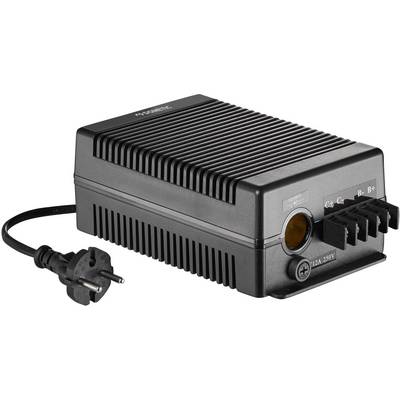 A black charger with a mains plug and multiple connection terminals. It is designed for batteries with 12A-250V.