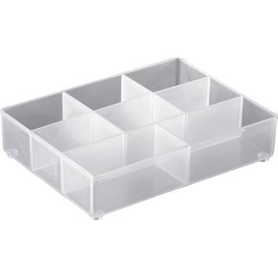 Transparent plastic storage box with nine equally sized compartments for storing small items.