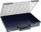 Open, rectangular plastic case with transparent lid and carrying handle, suitable for storing tools or small parts.