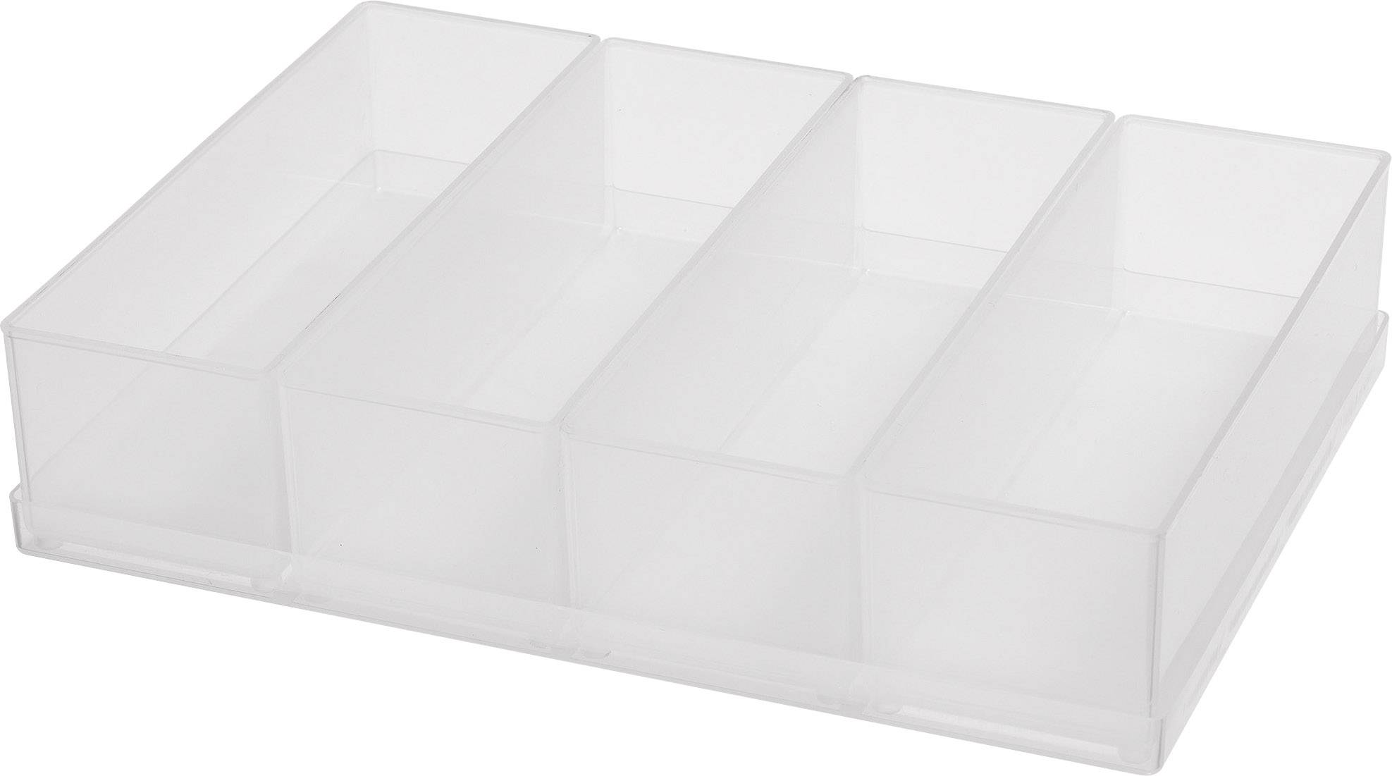 A transparent, rectangular plastic organiser with six compartments for storing small items.