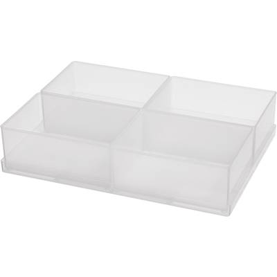 Transparent, rectangular plastic storage box with four equally sized compartments for keeping small items.