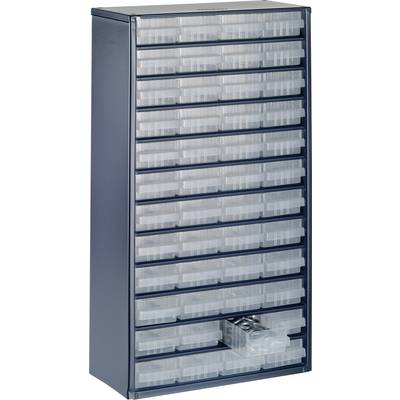 A blue drawer cabinet with numerous small, transparent drawers, one of which is partially pulled out. Perfect for storing small components.