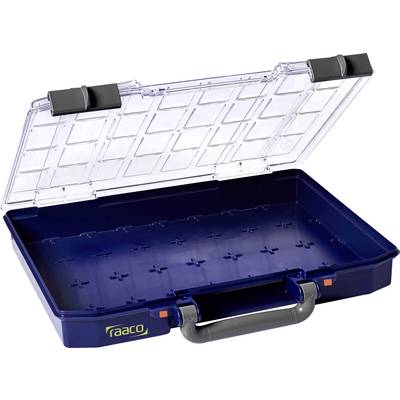 Blue tool case from Raaco with a transparent lid that is open. The case has a black handle and clasps.