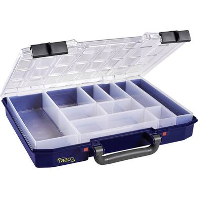 An opened toolbox with a transparent lid and a twelve-compartment interior for flexible storage.