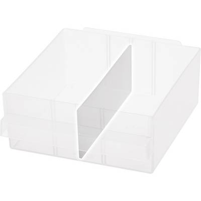 A transparent, rectangular plastic container with two compartments separated by a vertical dividing wall.