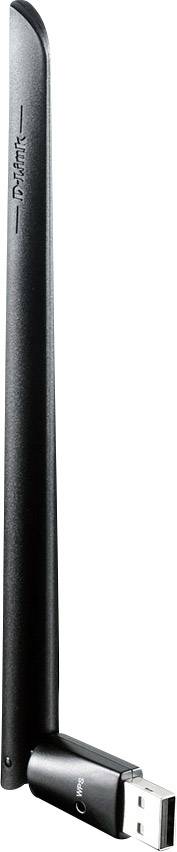 USB Wi-Fi Adapter with a long, vertical, black antenna for wireless internet connections. Compact design, ideal for PCs and laptops.