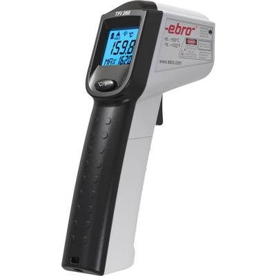 An infrared thermometer with a digital display showing 159.8 degrees Celsius. It is handheld and has a black handle.