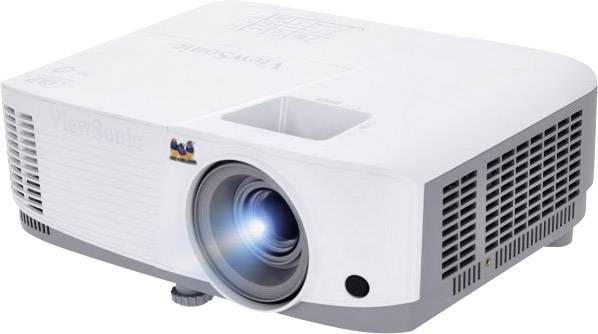 A white projector with a luminous lens. It has ventilation grilles on the sides and a brand logo on the front.