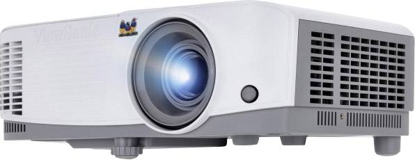A white projector with an illuminated lens, suitable for presentations and home entertainment.