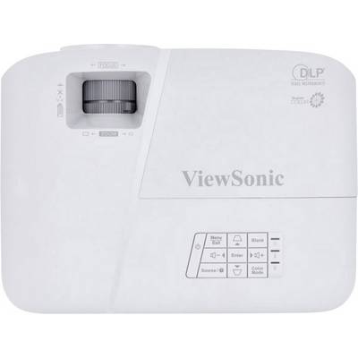 A white projector with a 'ViewSonic' logo. On top, there is a zoom wheel. On the side are buttons for menu and image source.