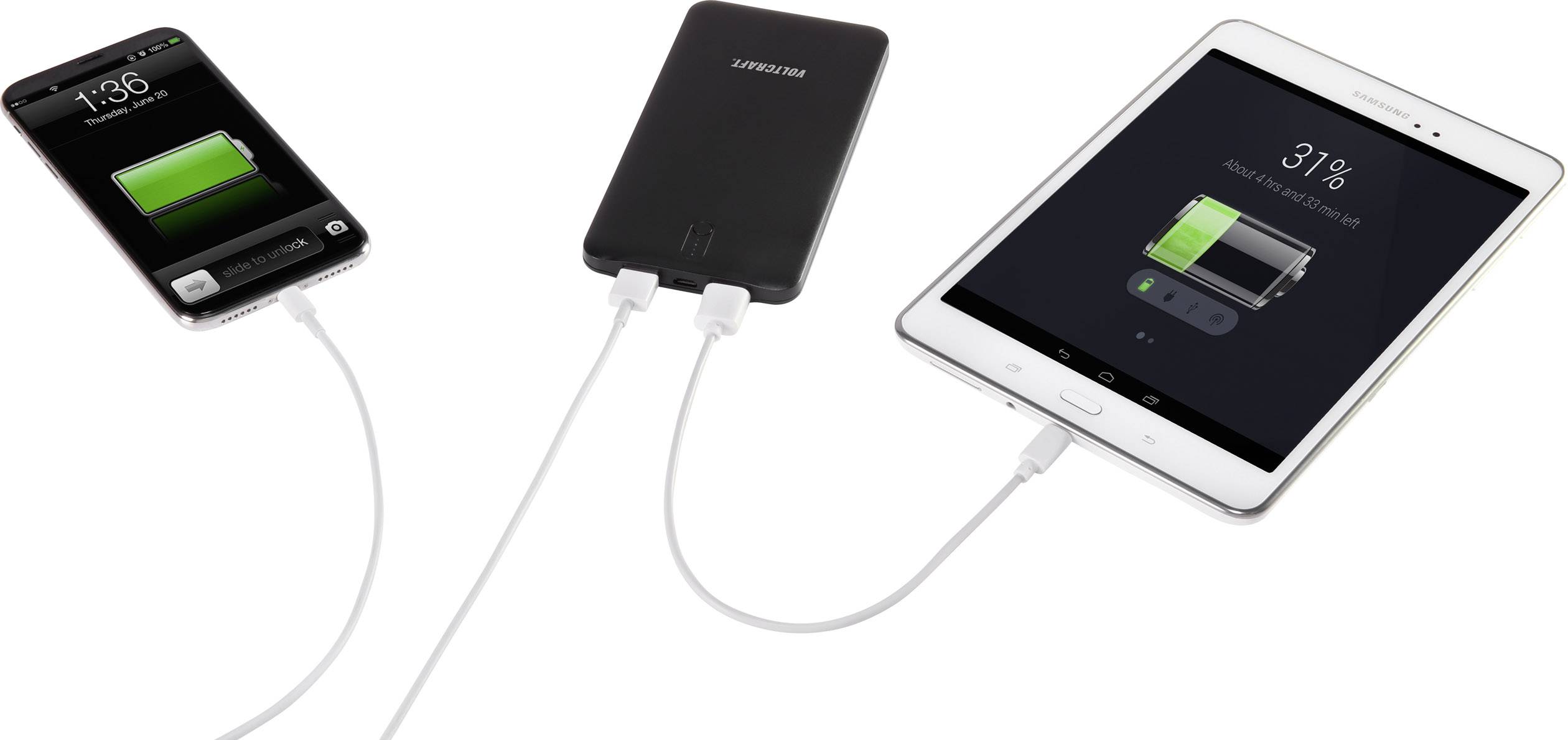 Three devices are being charged: A smartphone and a tablet are connected to a power bank via USB cables.