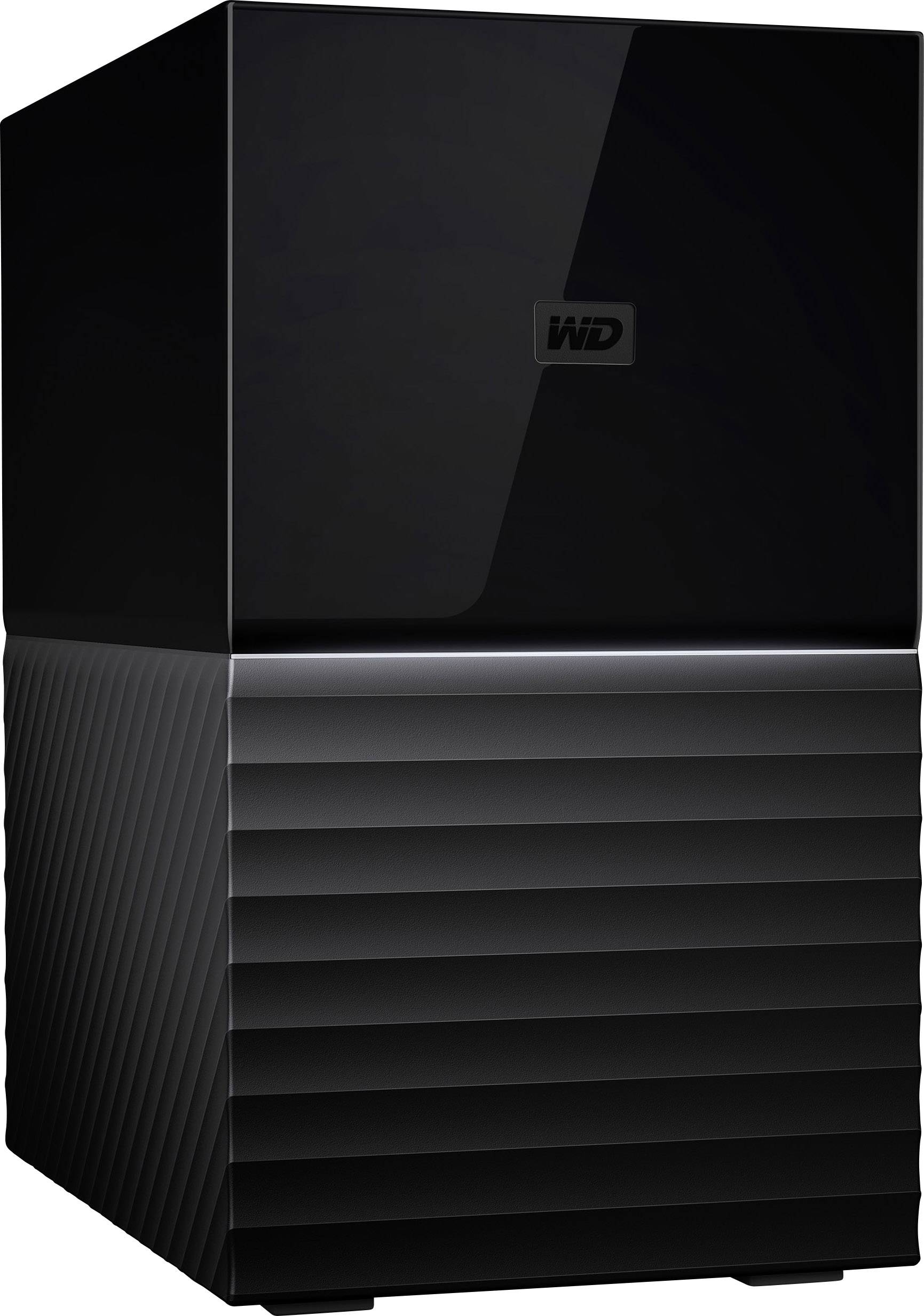 A black, cube-shaped external hard drive enclosure with the 'WD' logo on the front. Suitable for data backup.