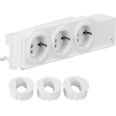 White triple socket strip with three round socket openings and matching protective covers, suitable for wall mounting.