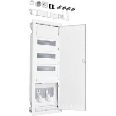 Electrical distribution cabinet with an open door reveals its interior, with various switches and socket outlets arranged above.